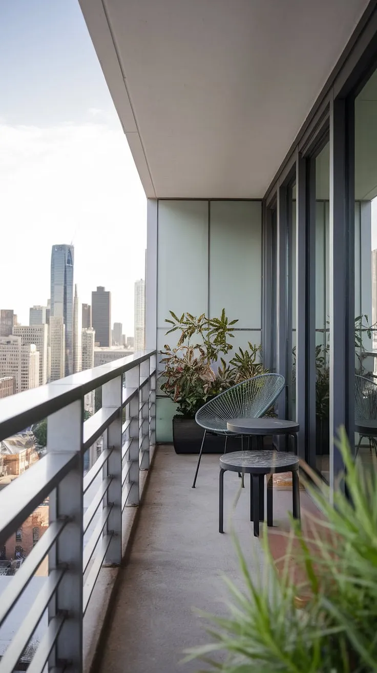 A sleek metal railing frames a stunning city view. A small table and chair invite you to linger, enjoying the gentle breeze and the vibrant greenery. A simple design, A sophisticated space, A moment of peace.