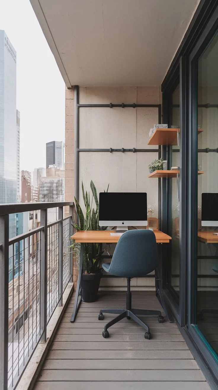 My city view office, complete with a calming plant and the perfect amount of workspace. A productive escape, even on a small balcony. A true urban oasis.