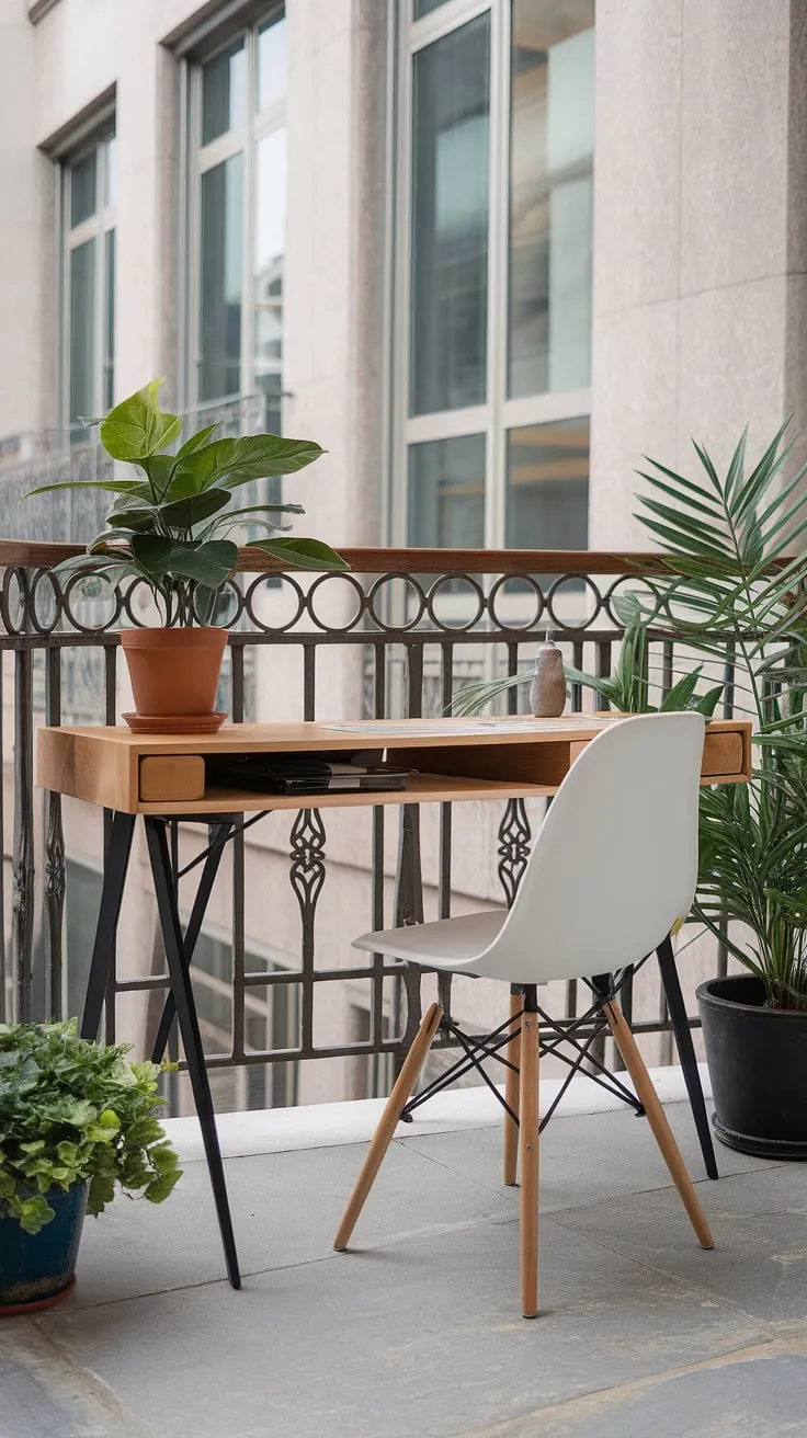 Work from home redefined. This modern balcony office, complete with a sleek wooden desk, comfortable white chair, and flourishing greenery, offers a tranquil and inspiring workspace. The elegant metal railing and surrounding cityscape create a truly unique and productive environment. A perfect blend of indoor comfort and outdoor inspiration.