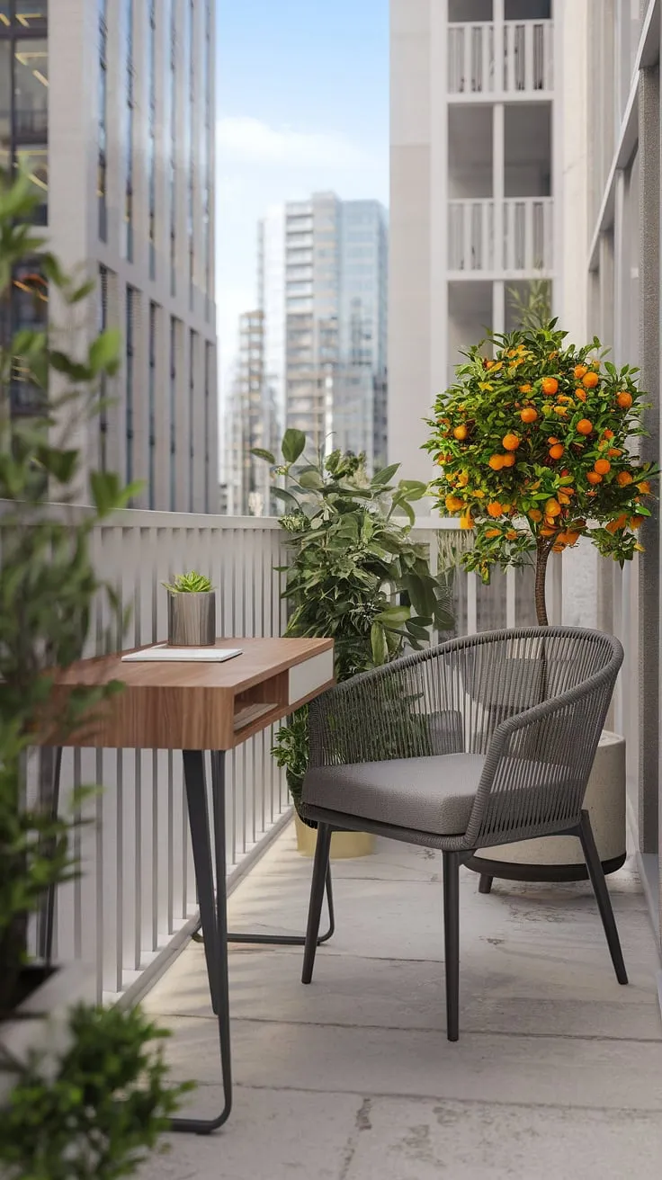 Escape the everyday grind with this inspiring balcony office setup. A small, yet perfectly functional workspace, complete with a comfortable chair and a touch of nature, offers a tranquil escape amidst the urban landscape. A perfect blend of productivity and serenity.