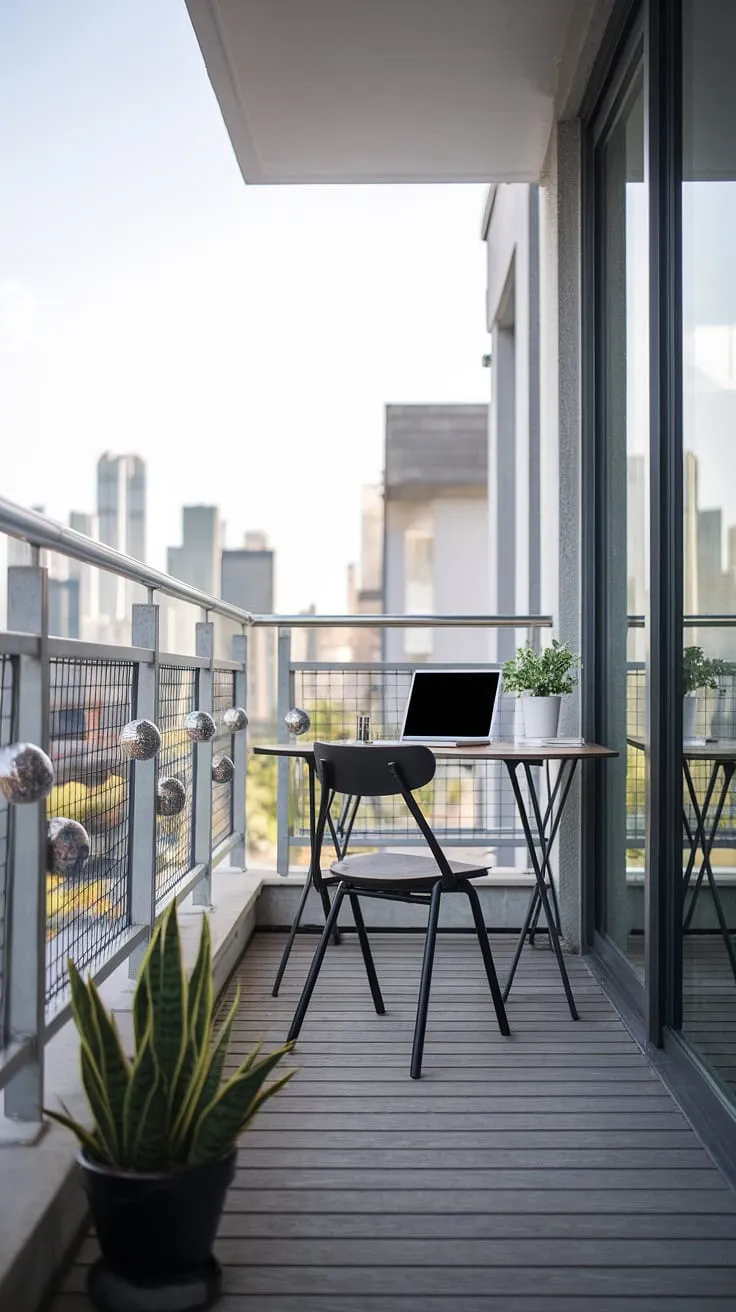 A minimalist balcony office, a sanctuary of productivity amidst the urban sprawl. The city skyline provides a breathtaking backdrop to this workspace, where creativity flourishes. A simple desk, a thriving plant, and the gentle breeze-all the essentials for a productive day.