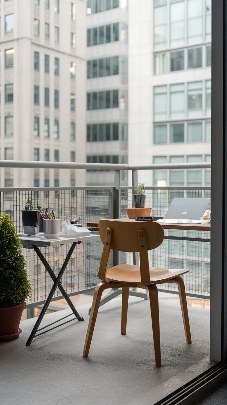 A minimalist balcony office, perfectly blending indoor functionality with outdoor inspiration. The concrete floor, metal railing, and cityscape backdrop create a striking contrast to the warmth of the wooden chair and potted plant, providing the ideal A-list setting for focused work and inspiring views.