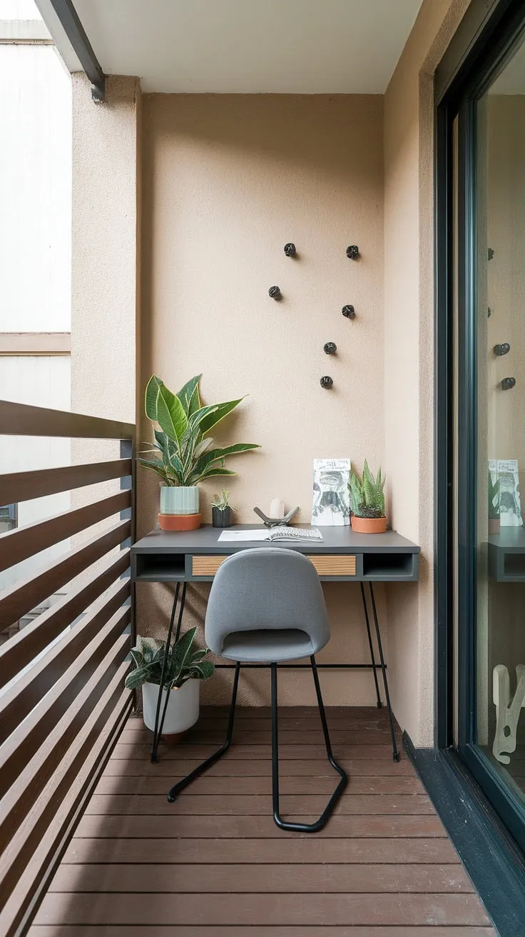 My minimalist balcony office: A perfect blend of productivity and tranquility. The gentle breeze, the potted plant, and the warmth of the wooden floor create A truly inspiring workspace.
