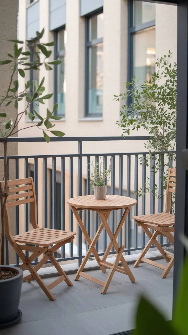 Find your peaceful escape on this modern balcony, complete with teak furniture and a touch of greenery. The perfect spot for a quiet morning coffee or an evening glass of wine. A serene retreat awaits.
