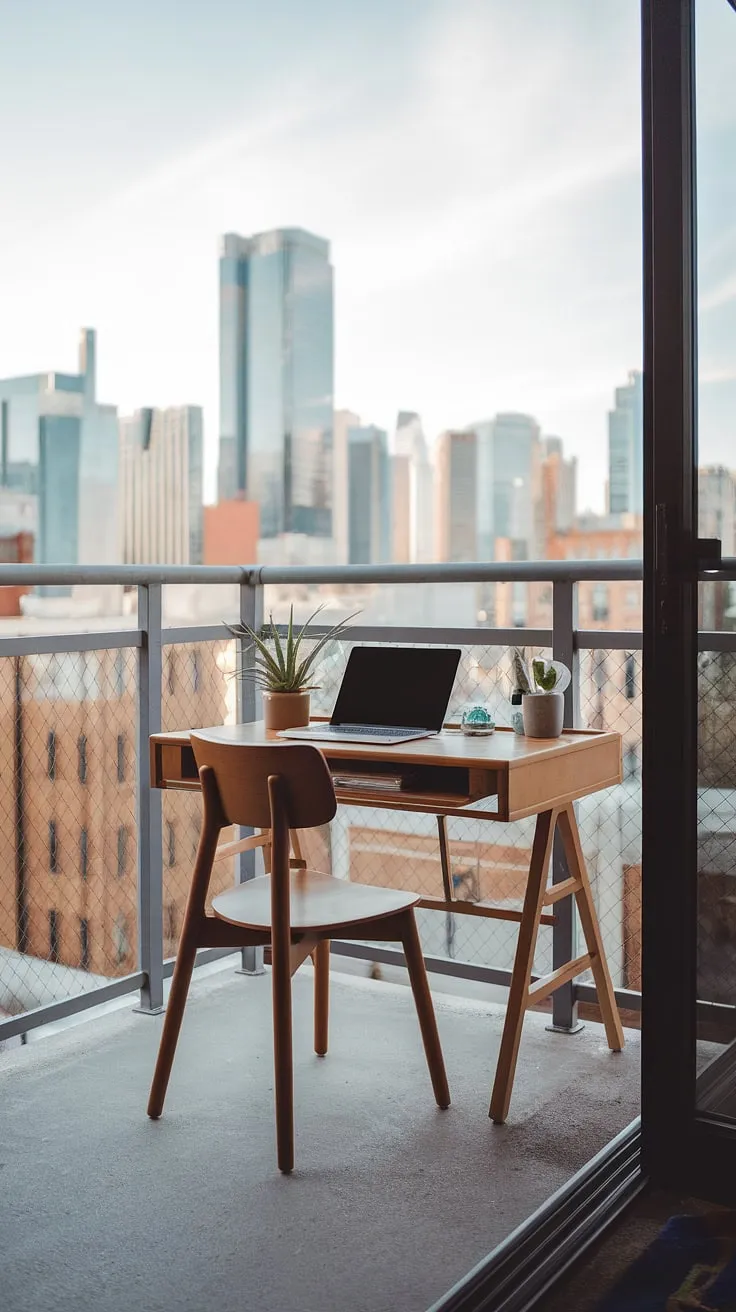 My city view office. A minimalist workspace, a thriving plant, and the inspiring hum of urban life-A perfect blend of productivity and serenity.