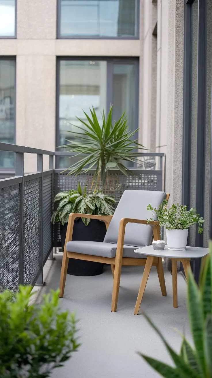 Sunlight streams in, illuminating the minimalist workspace on this balcony. A simple wooden chair and small white table provide the perfect setting for focused work, complemented by the calming presence of potted plants, a welcome escape from the city bustle just beyond the metal railing. A truly inspiring a office.