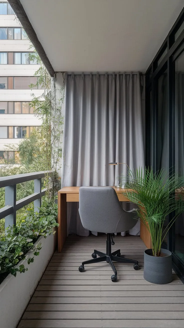 Escape the ordinary. This modern balcony office, bathed in natural light and surrounded by lush greenery, provides the perfect blend of productivity and tranquility. A minimalist workspace, a comfortable gray chair, and a touch of nature create an inspiring environment for focused work. A serene escape awaits.