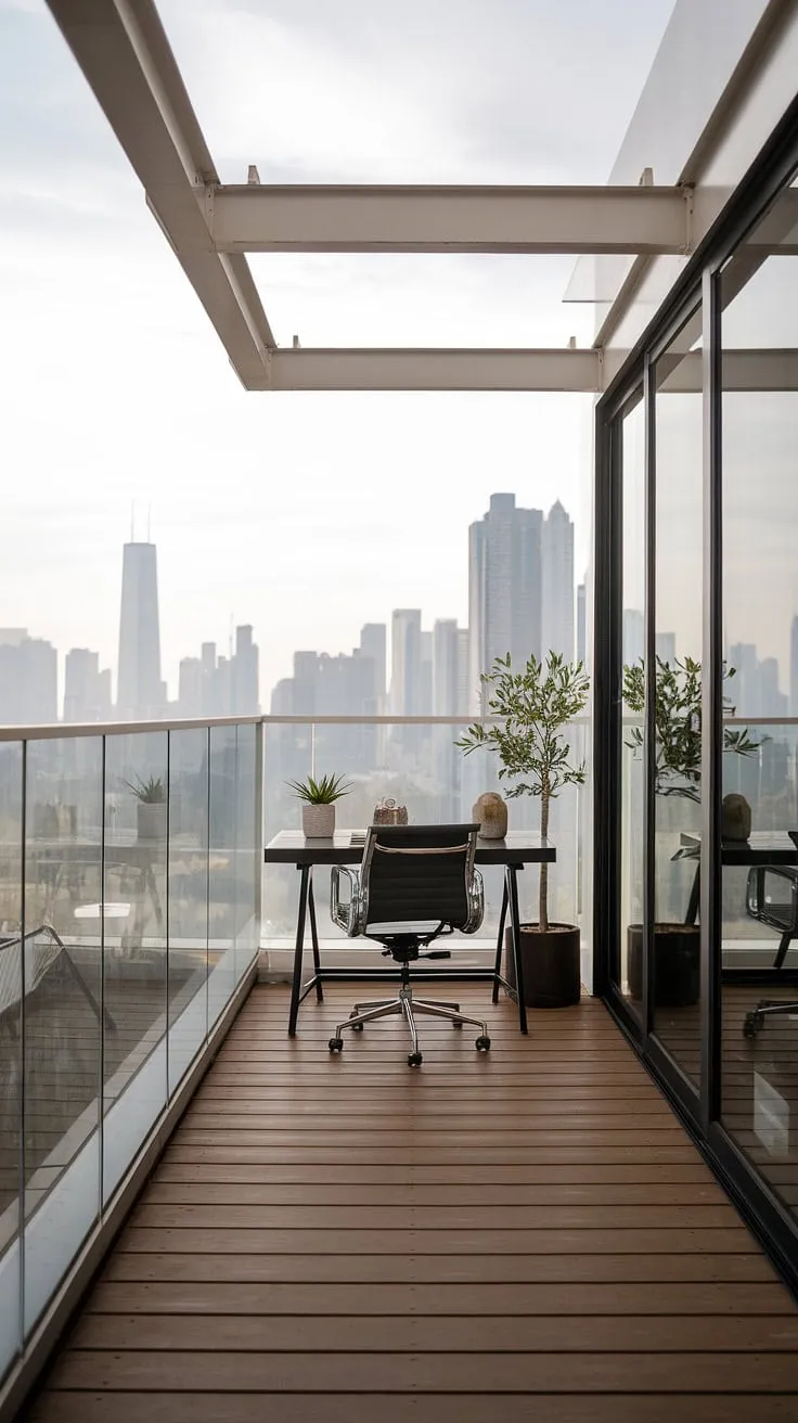 Working from home has never felt so inspiring. This enclosed balcony, with its city views and simple workspace, provides the perfect balance between productivity and tranquility. A truly inspiring workspace.