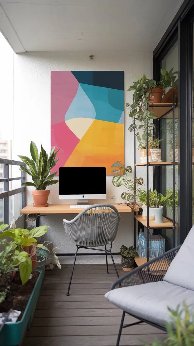 A productive and tranquil escape. This balcony office, complete with a stunning piece of art, thriving plants, and a comfortable workspace, is the epitome of a work-life balance. It's where creativity flourishes and stress melts away.