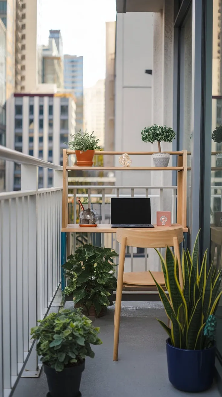 Escape the everyday in this compact balcony office. A laptop, a few cherished plants, and a minimalist shelf create A tranquil workspace with stunning city views. A testament to how even the smallest space can be maximized for productivity and inspiration.