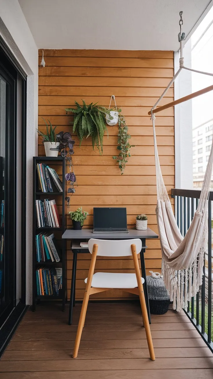 My little slice of paradise. A modern balcony office where the view is inspiring and the hammock is always calling. A perfect setup for focused work and blissful downtime.