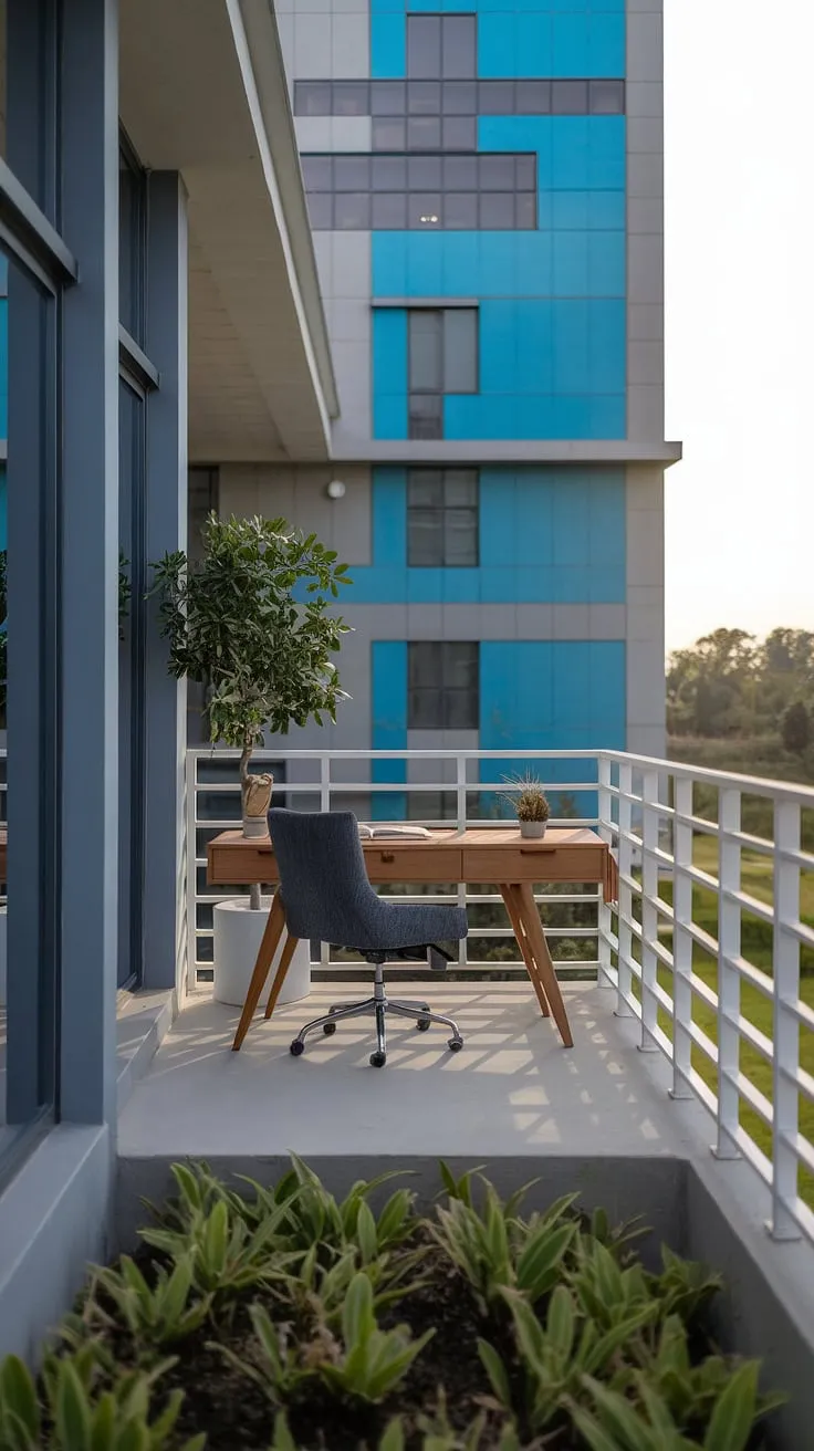 Work from anywhere. This minimalist balcony office, bathed in soft light and overlooking a vibrant cityscape, offers the perfect blend of productivity and tranquility. A serene escape, a productive workspace, a breath of fresh air – it's all here.