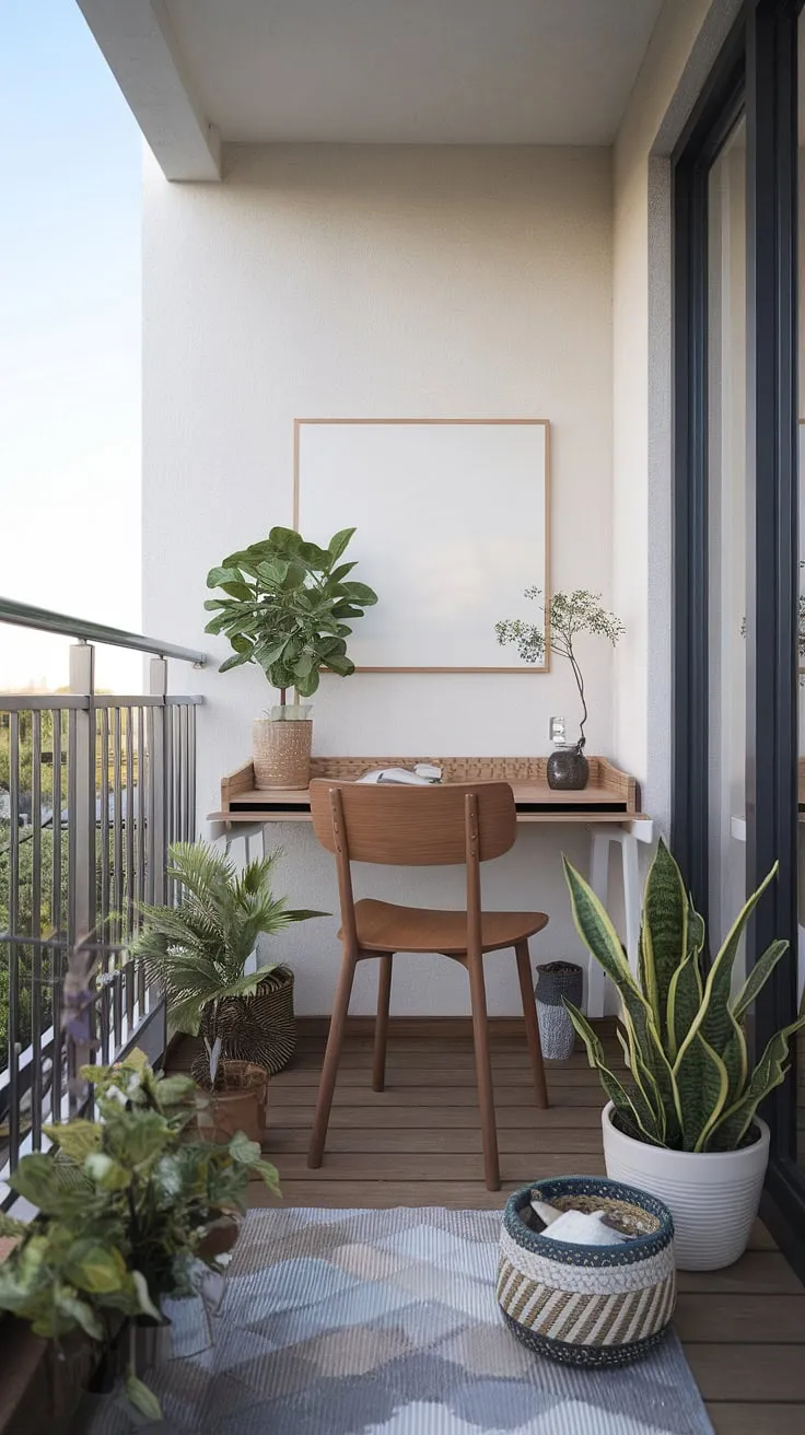 Work from home redefined. This balcony office offers a serene escape, blending the outdoors with productive indoor space. A perfect blend of nature and functionality, it's a testament to creating A productive and inspiring workspace anywhere.