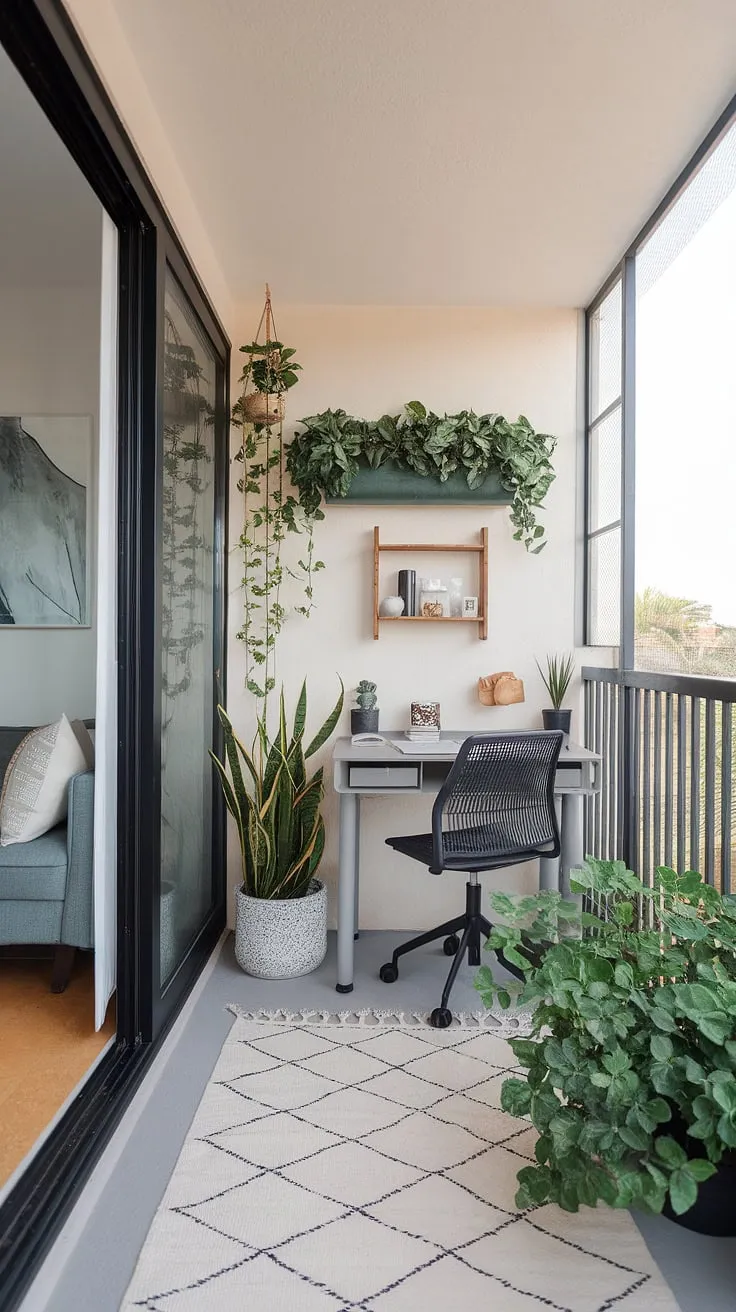 Transform your balcony into a tranquil sanctuary. This inspiring space seamlessly blends a mini-office, lush greenery, and stylish decor, creating a perfect extension of your living area. A peaceful retreat awaits.