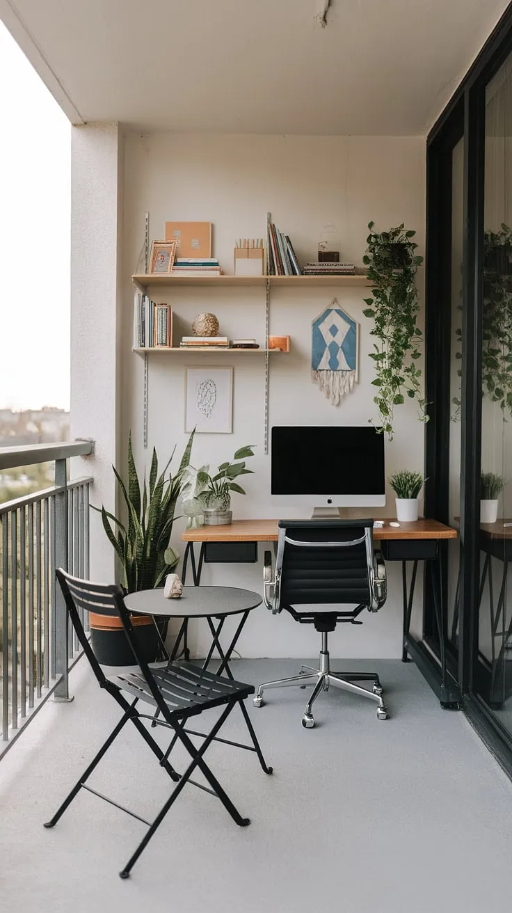 Sunlight streams into this inspiring workspace, a perfect blend of productivity and breathtaking city views. The minimalist desk, complete with a thriving plant, overlooks the balcony, offering a tranquil escape for moments of reflection and rejuvenation. A truly enviable setup.