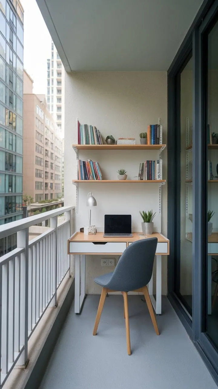 This stylish condo balcony office transforms productivity with its refreshing air and breathtaking city views, creating an inspiring workspace like no other.