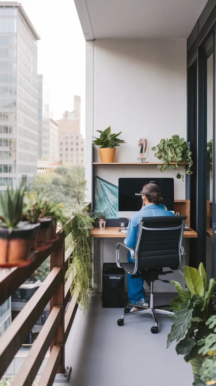 This serene urban sanctuary, a minimalist workspace flooded with natural light and city views, harmoniously blends nature with the concrete jungle for focused productivity and peaceful reflection.