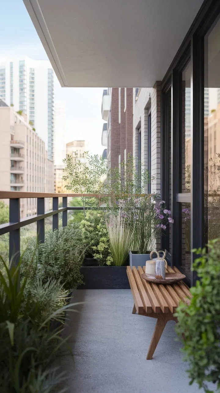 An urban oasis transforms a small, curated space into a serene retreat, where a wooden bench beckons reflection amidst lush greenery and expansive city views.