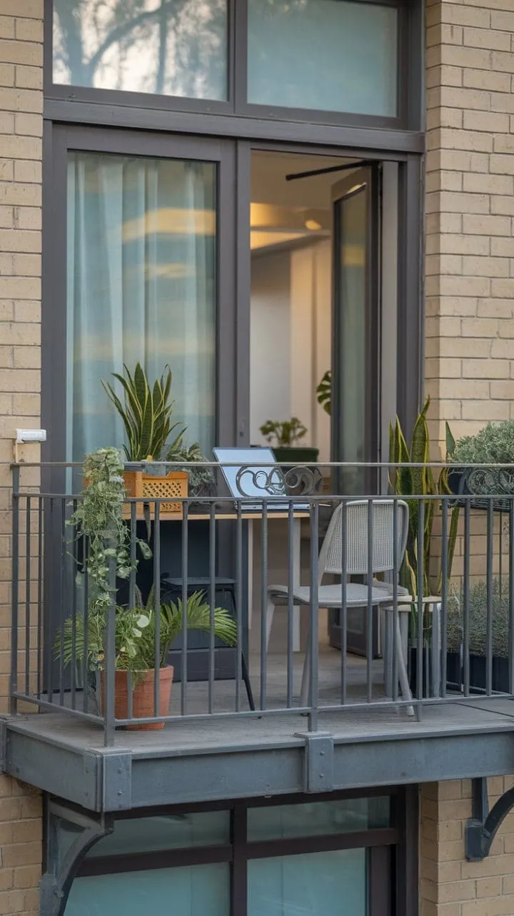 This chic balcony workspace, surrounded by lush greenery and a sleek metal railing, offers a refreshing blend of productivity and tranquility.