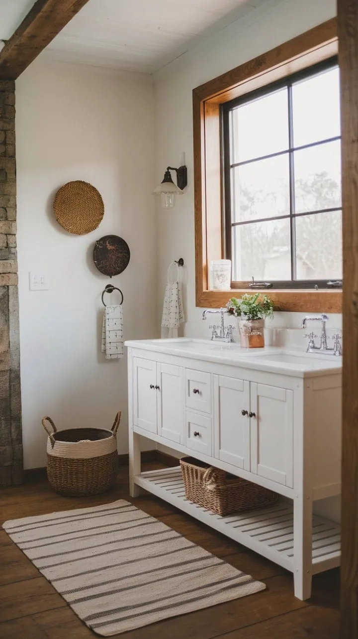 Bathed in sunlight, this modern farmhouse bathroom harmoniously fuses rustic charm with contemporary elegance, crafting a serene oasis for relaxation.