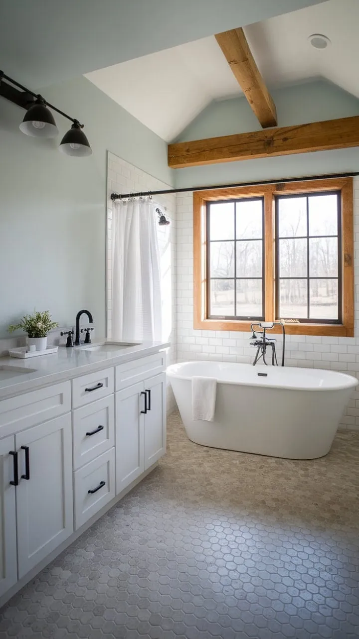 Experience serene luxury in this light-filled bathroom, where airy blue tones and rustic wooden accents create a modern farmhouse retreat complete with a soaking tub and stylish black fixtures.