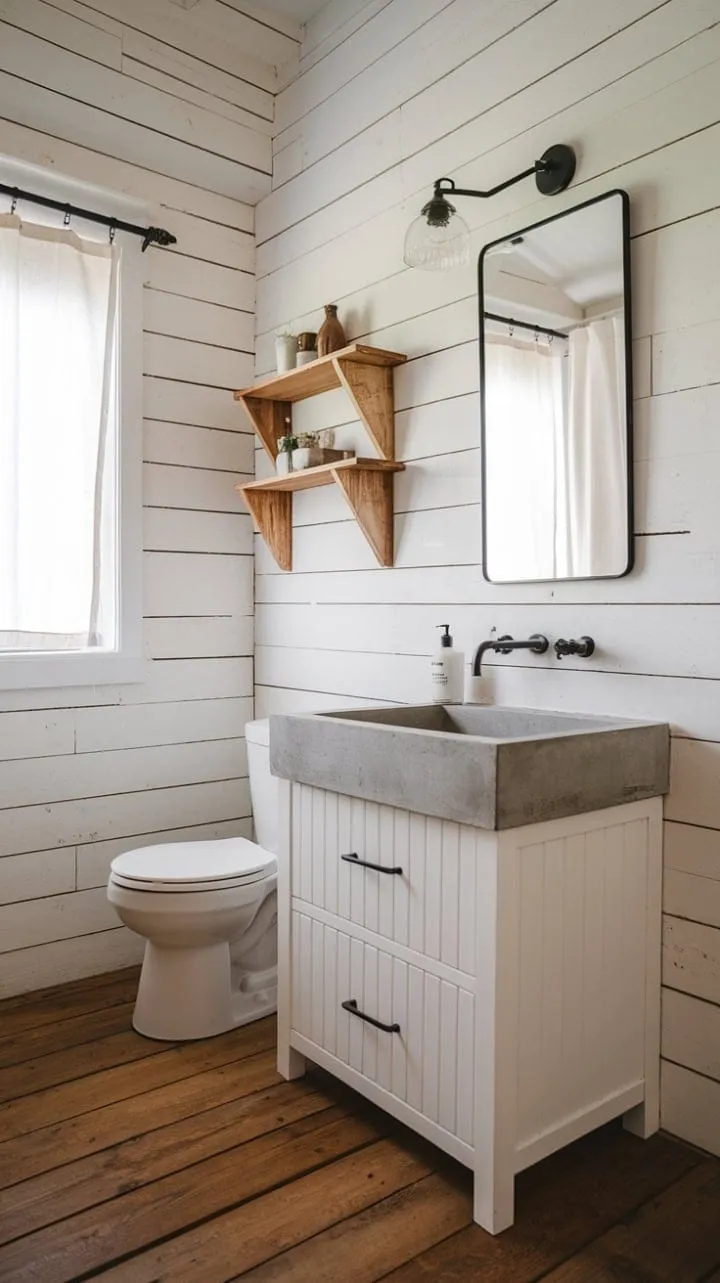 This minimalist bathroom artfully combines modern sleekness with rustic farmhouse charm, showcasing a stylish concrete countertop alongside warm wooden accents.