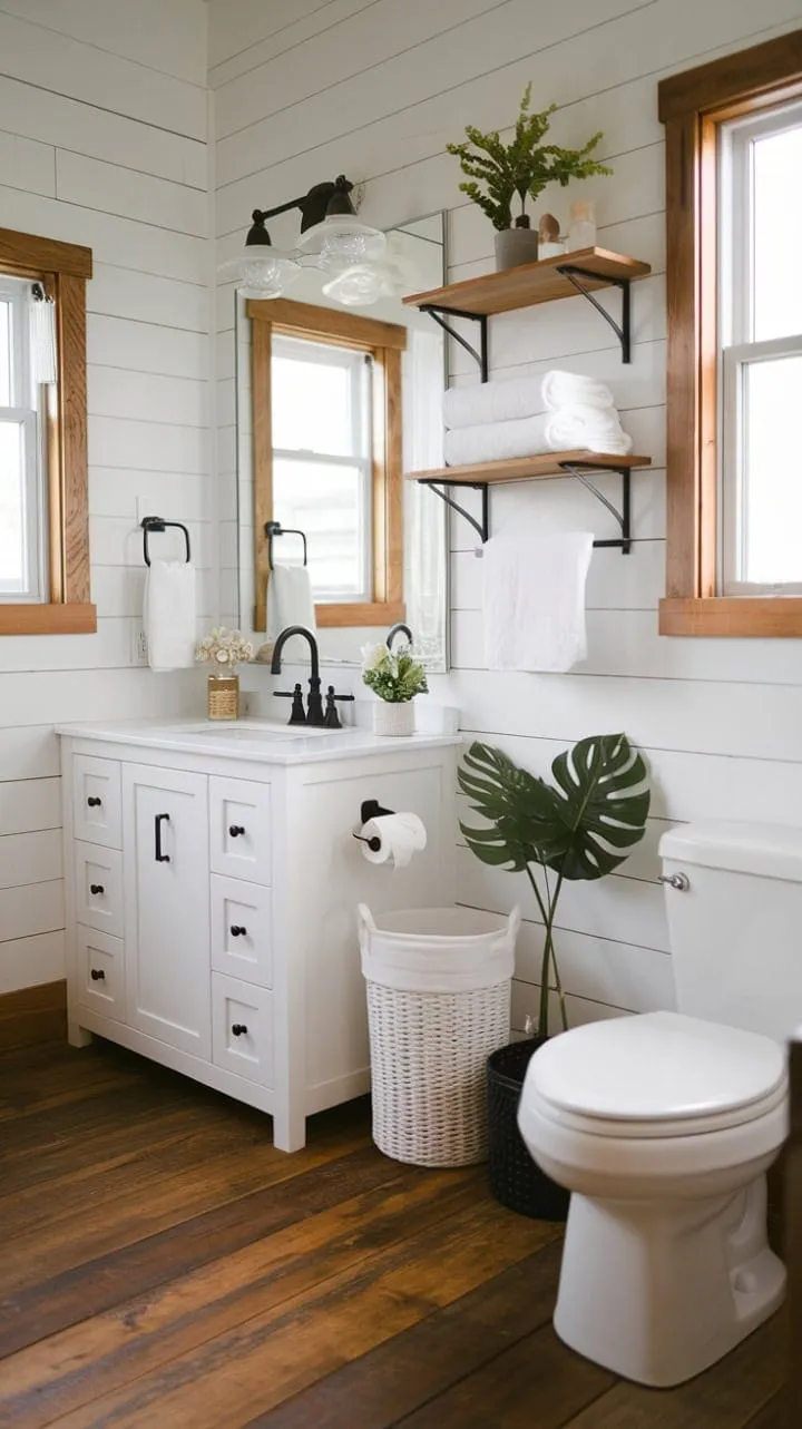 This tranquil bathroom harmoniously blends modern minimalism with farmhouse charm, featuring a crisp white palette accented by a sleek black faucet and warm wooden elements.