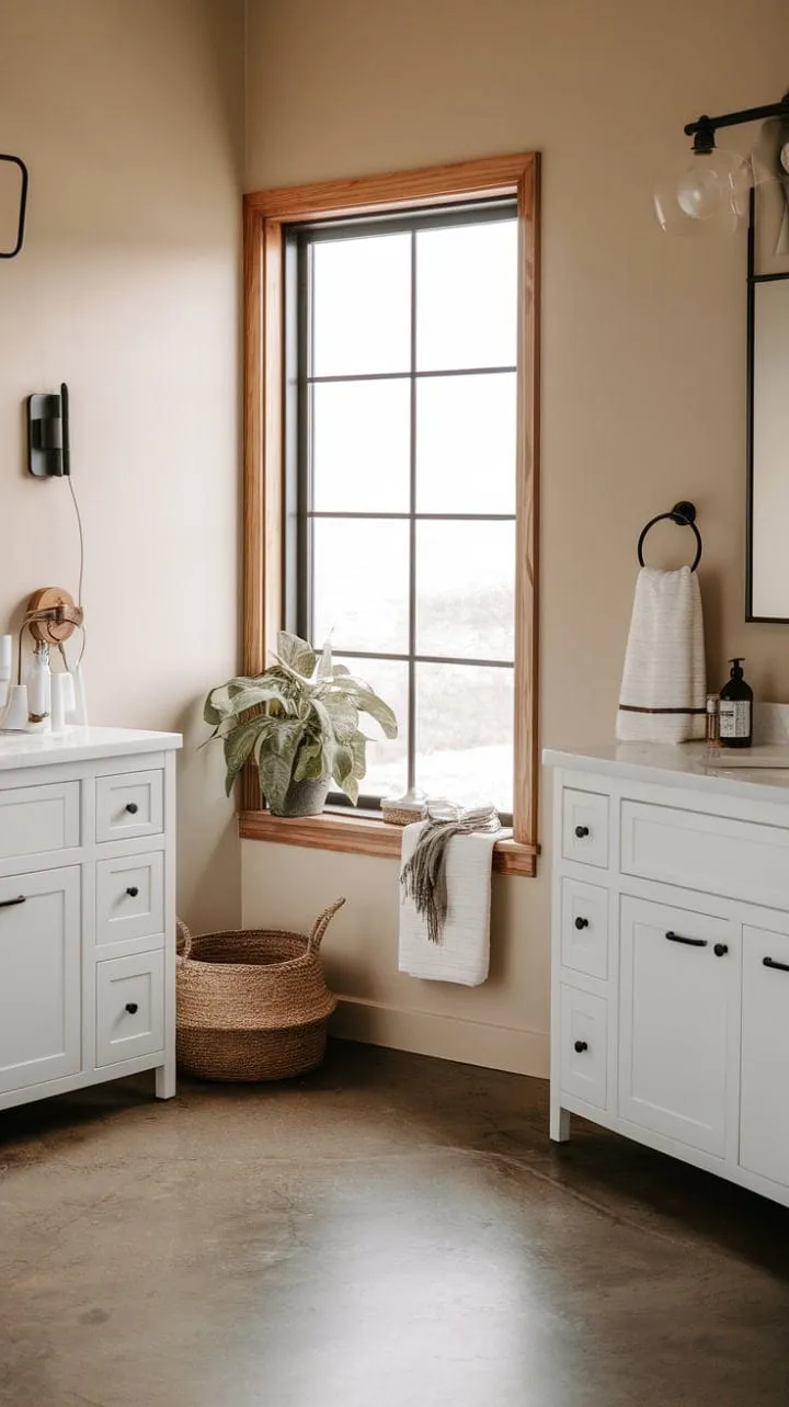 A serene modern farmhouse oasis blends calming beige tones, black accents, and natural light with industrial chic concrete and lush greenery for an effortlessly stylish retreat.