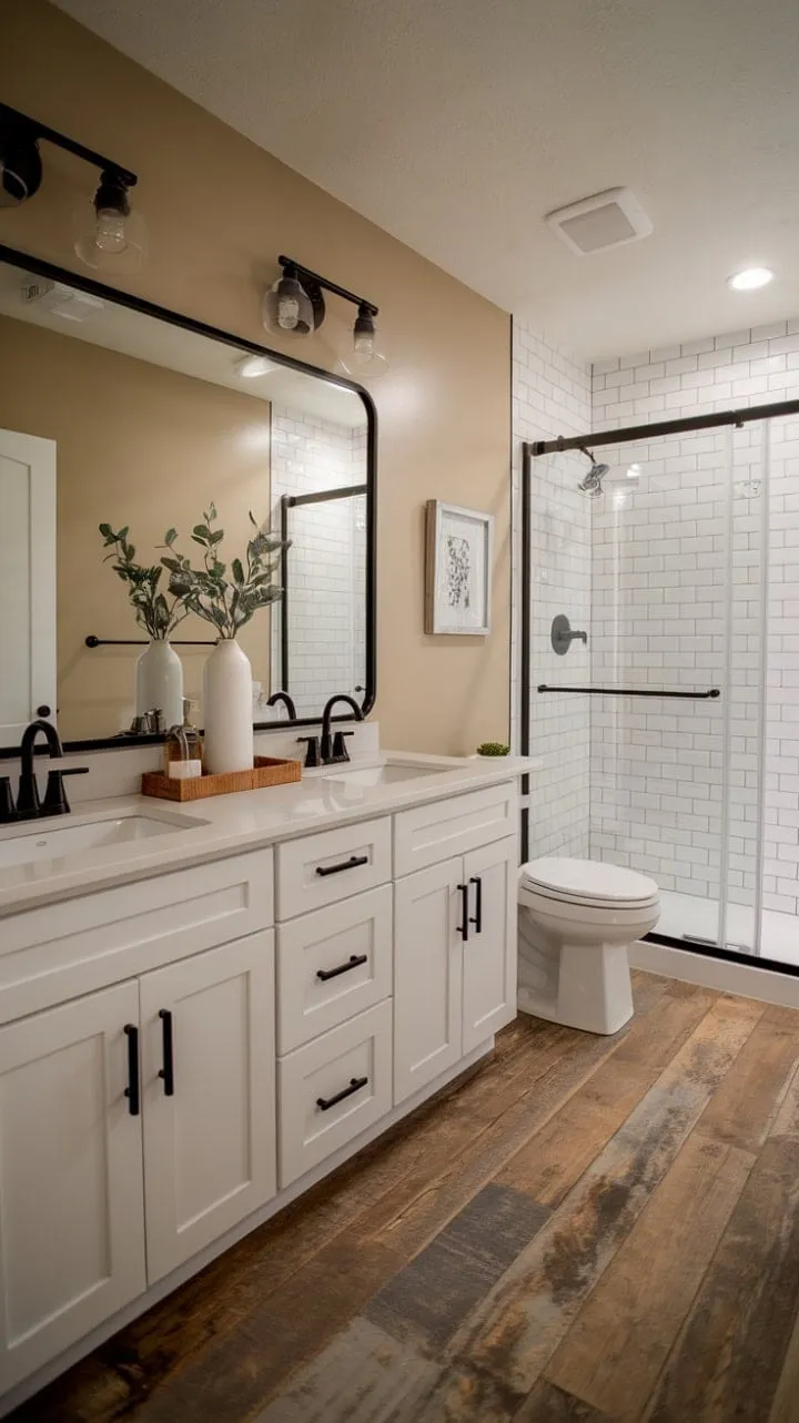 This beautifully crafted bathroom harmoniously fuses modern amenities with rustic farmhouse allure, featuring dual sinks and a walk-in shower for a practical yet indulgent escape.