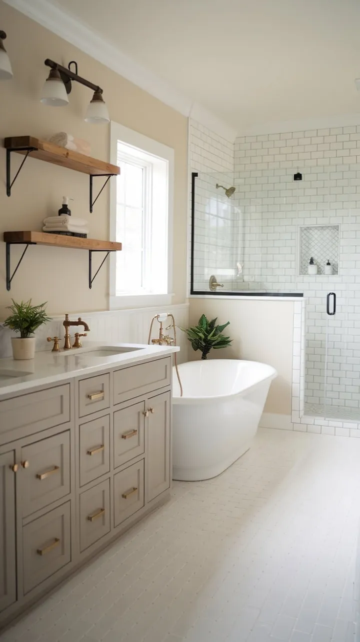 This modern farmhouse bathroom blends luxury and comfort with a stylish double vanity, gold accents, and serene wooden shelving, creating a perfect sanctuary.
