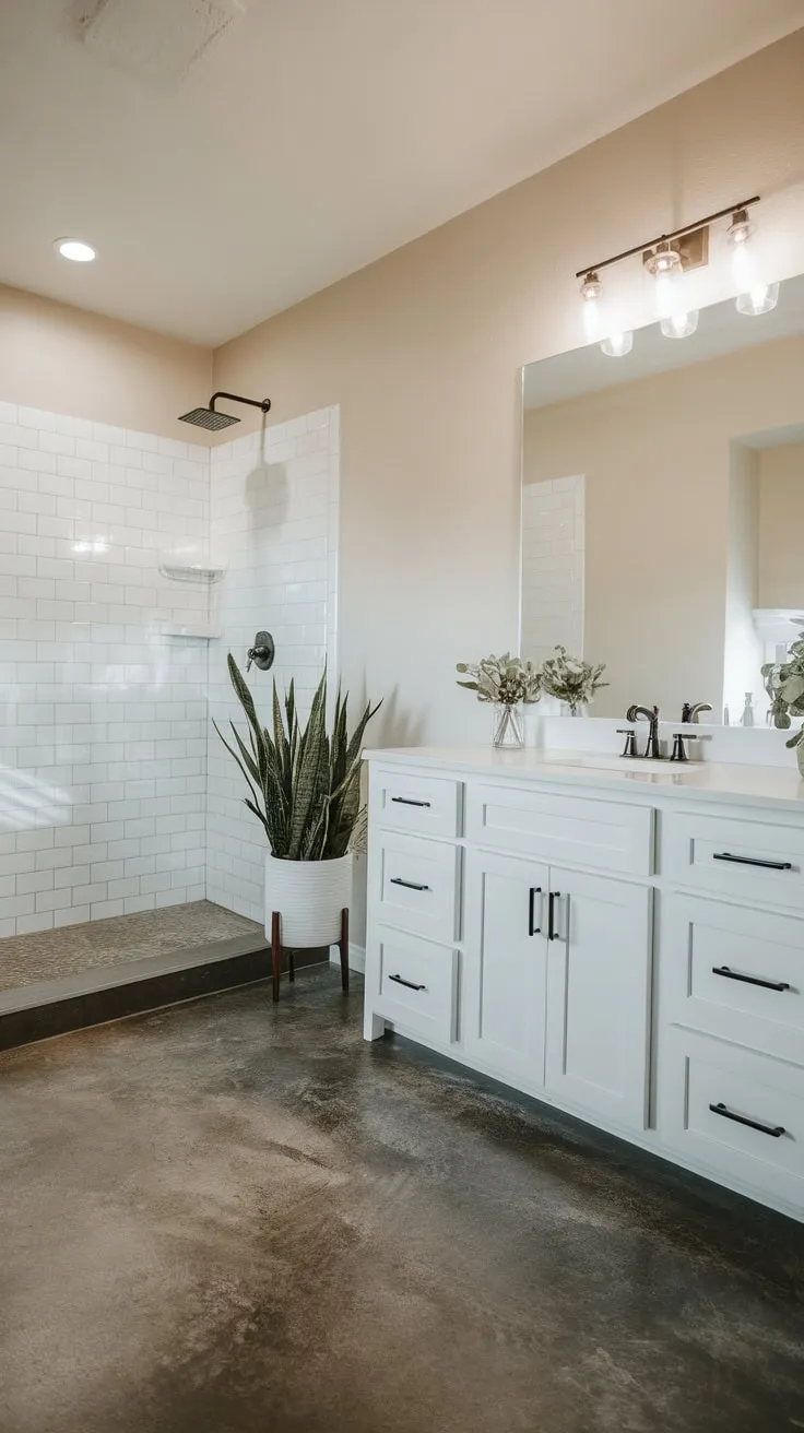 A calming beige-walled bathroom boasts a stylish white vanity, gray concrete floors, and a refreshing rainfall shower, enhanced by natural light and greenery.