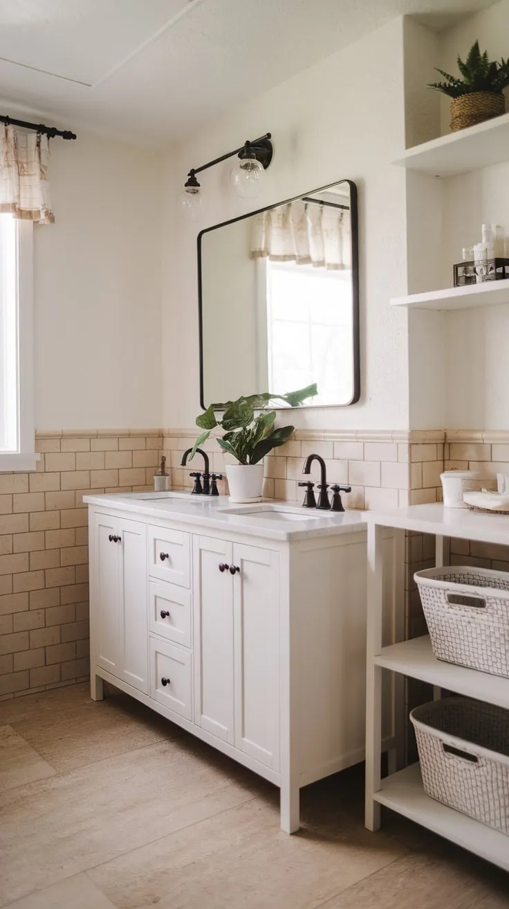 A serene modern farmhouse bathroom boasts a dual-sink vanity, beige tile floors, and subtle farmhouse accents.