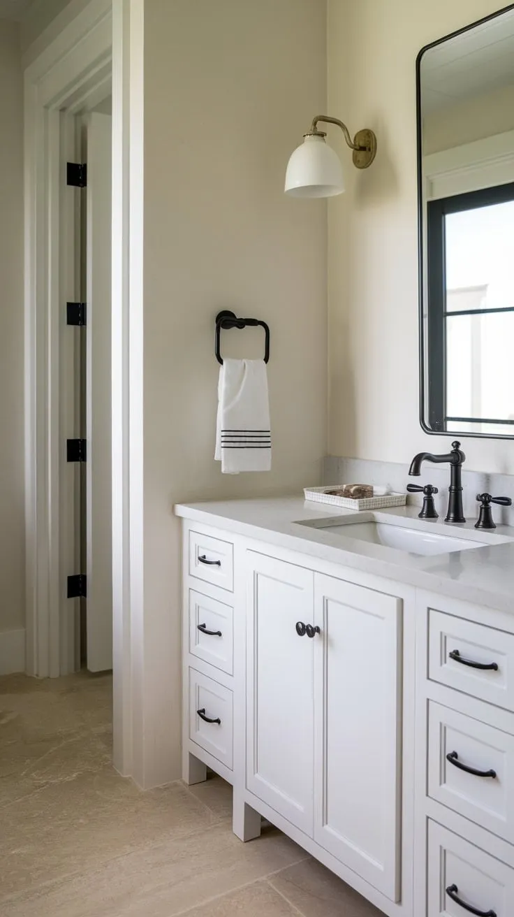 Clean lines and a black faucet accentuate the minimalist elegance of this modern farmhouse bathroom.