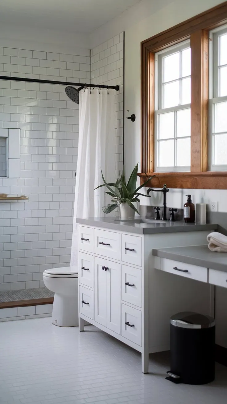 A stylish modern bathroom blends farmhouse charm with sleek black fixtures and a bright white color scheme.