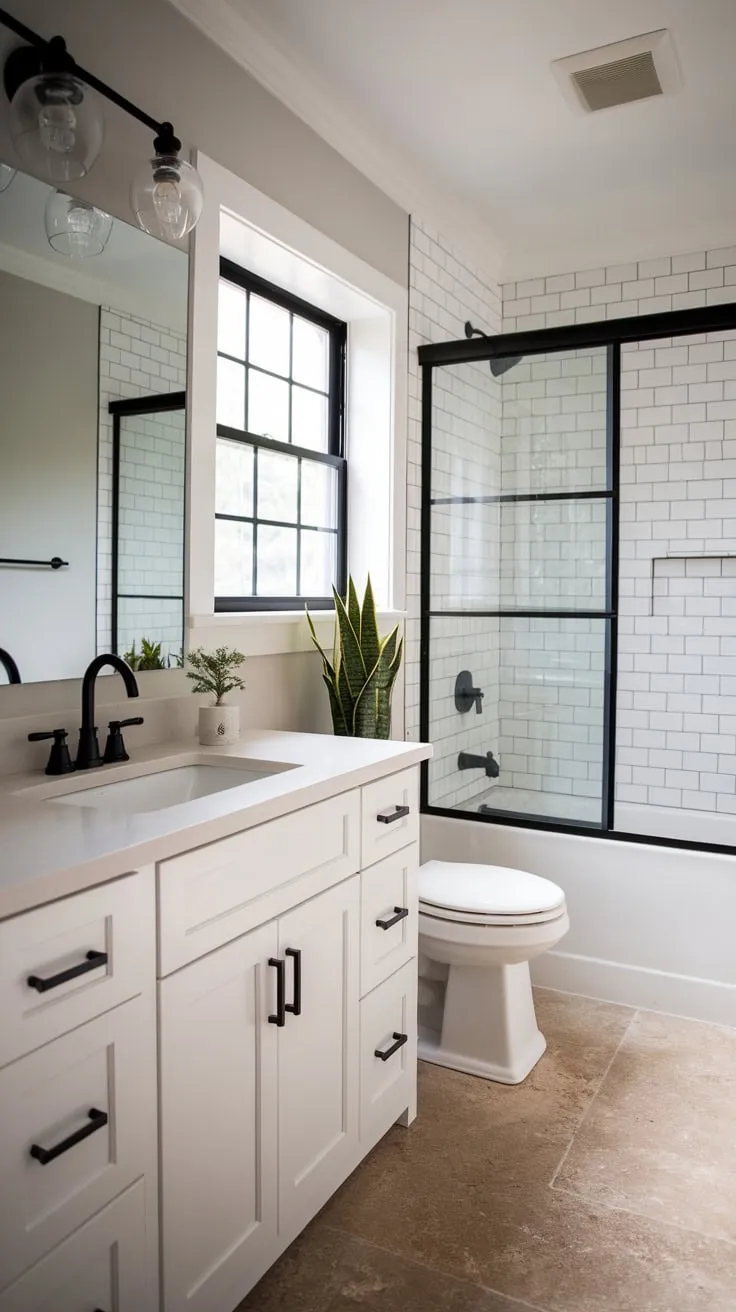 A serene modern farmhouse bathroom boasts a chic black-and-white palette accented by beige tile and a touch of greenery.