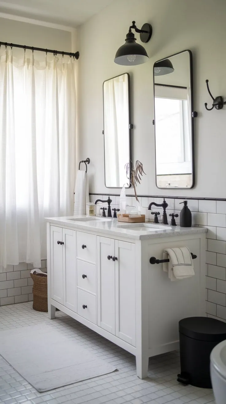 Sleek black fixtures and a white farmhouse vanity create a modern bathroom oasis.