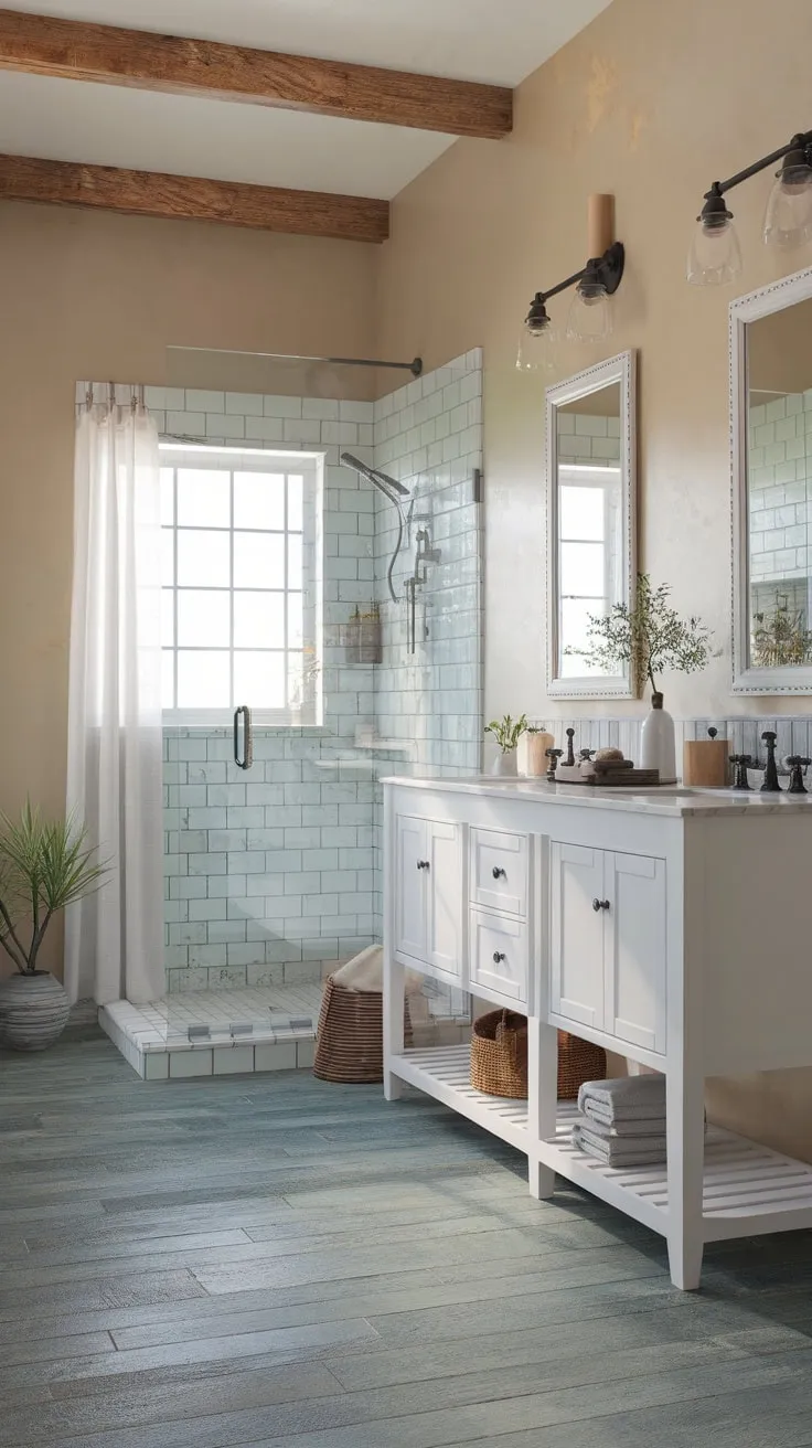 A tranquil modern bathroom blends farmhouse aesthetics with stylish details like a double sink vanity and calming blue-gray tile flooring.
