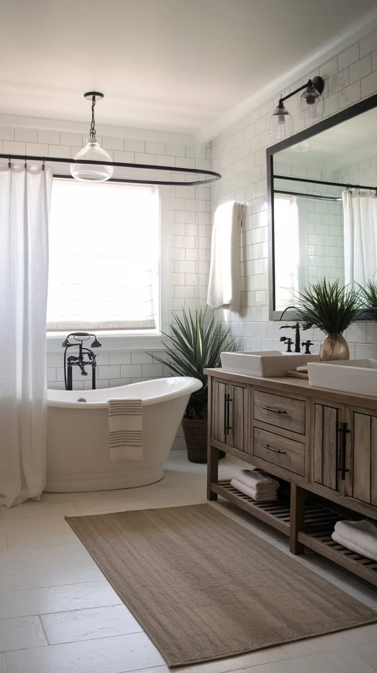 Clean lines and natural elements define this stylish modern bathroom featuring a freestanding tub and double vanity.
