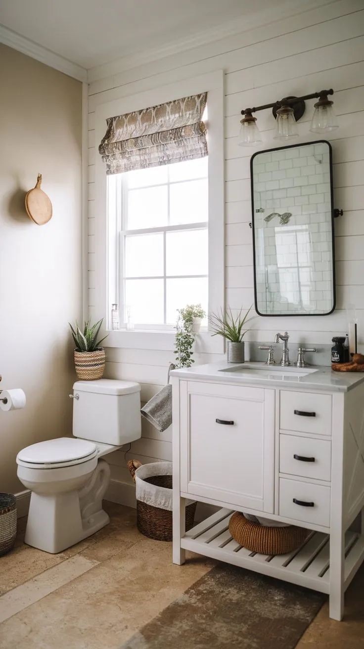 Clean lines and natural elements define this modern bathroom, highlighted by a white vanity and charming window accents.