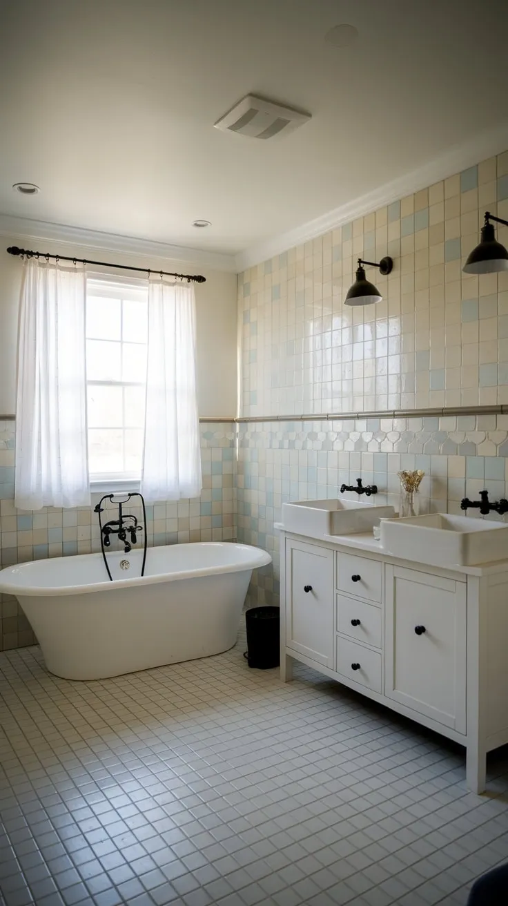 A white-tiled modern farmhouse bathroom boasts a stylish contrast of black fixtures and patterned tilework, creating a serene and sophisticated space.