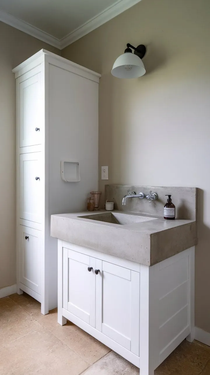 This modern farmhouse bathroom harmoniously blends clean lines, a neutral palette, and industrial chic elements for a serene and stylish retreat.