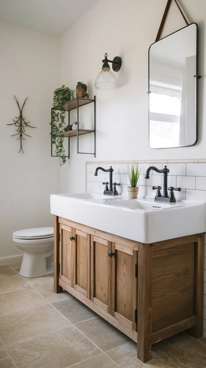 This bathroom oasis blends modern farmhouse charm with sleek functionality, featuring a spacious double vanity, elegant lighting, and serene neutral tiles for a tranquil retreat.