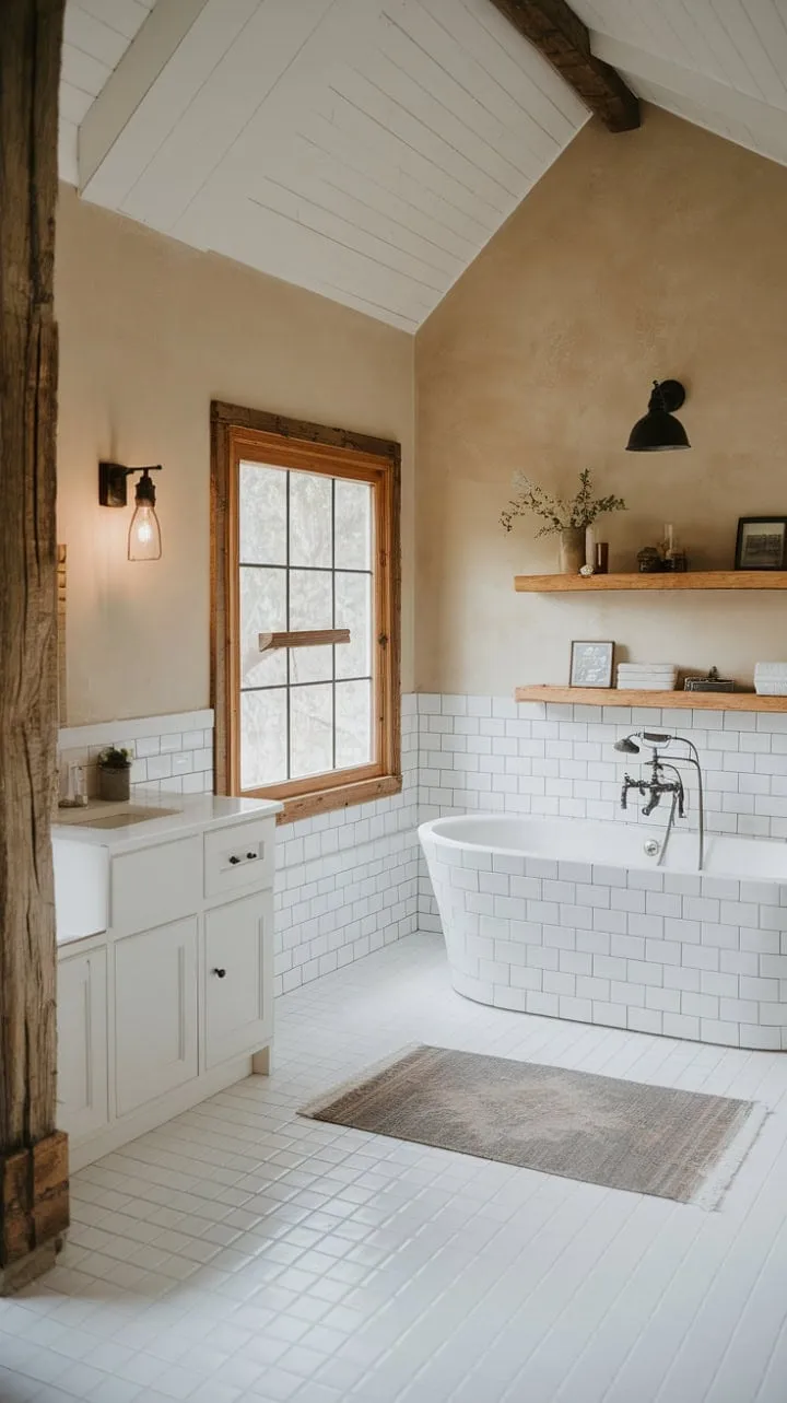 Experience serene relaxation in a modern farmhouse bathroom that blends rustic charm with tranquil elegance, featuring a spacious soaking tub and soothing natural light.