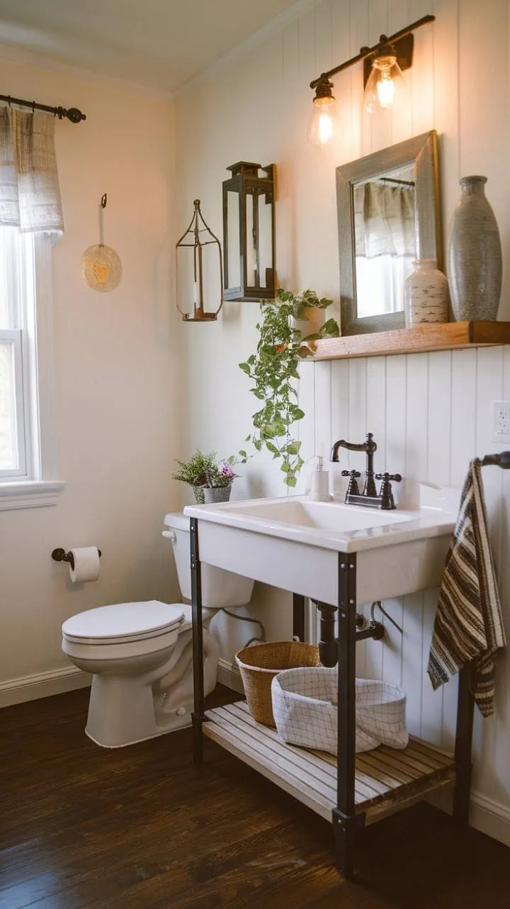 This modern farmhouse bathroom harmoniously blends comfort and stylish design with warm lighting, natural textures, and a striking contrast between a black faucet and a white sink.
