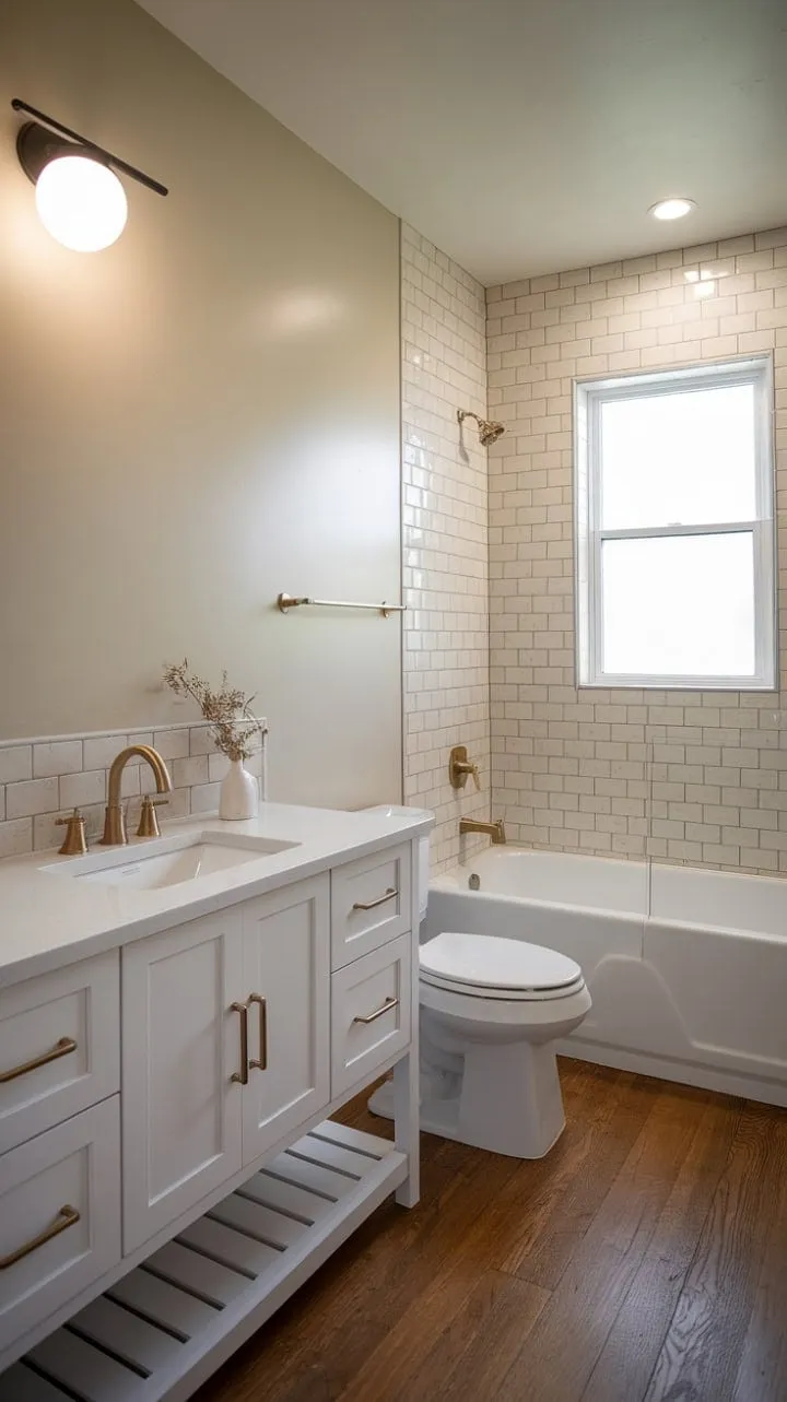 This modern farmhouse bathroom, adorned with warm beige tiles and gold accents, transforms natural light into a serene sanctuary of luxury and tranquility.