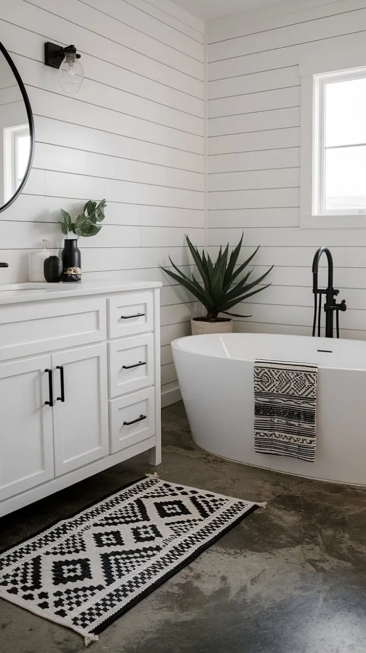 This bathroom blends understated luxury with industrial chic, featuring a serene white tub, striking black accents, and refreshing greenery for the ultimate relaxation sanctuary.