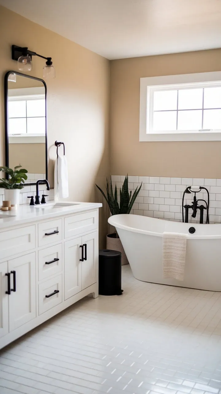 This modern farmhouse bathroom, bathed in natural light and adorned with a crisp white tub and black accents, creates a serene sanctuary enhanced by calming beige walls and a splash of greenery.