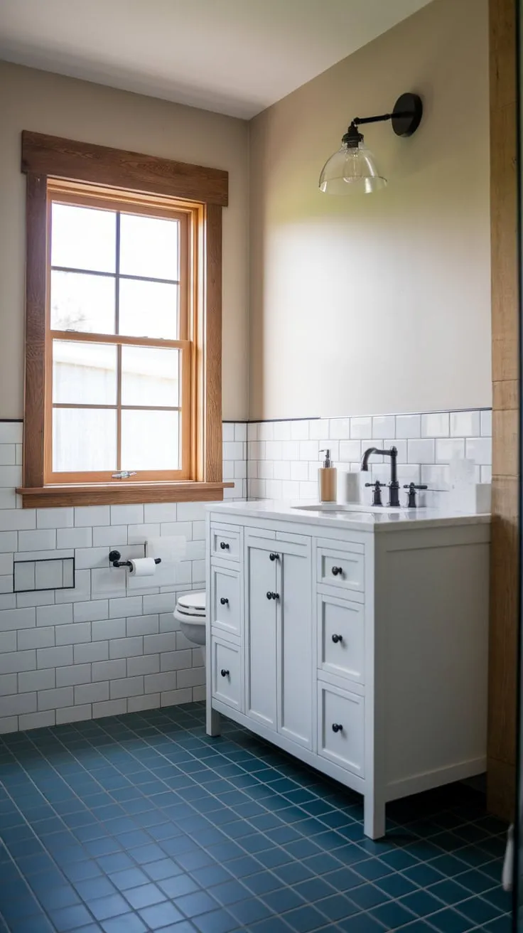 Clean lines and a sophisticated color palette define this modern bathroom, featuring a white vanity, black accents, and blue tiled floors.