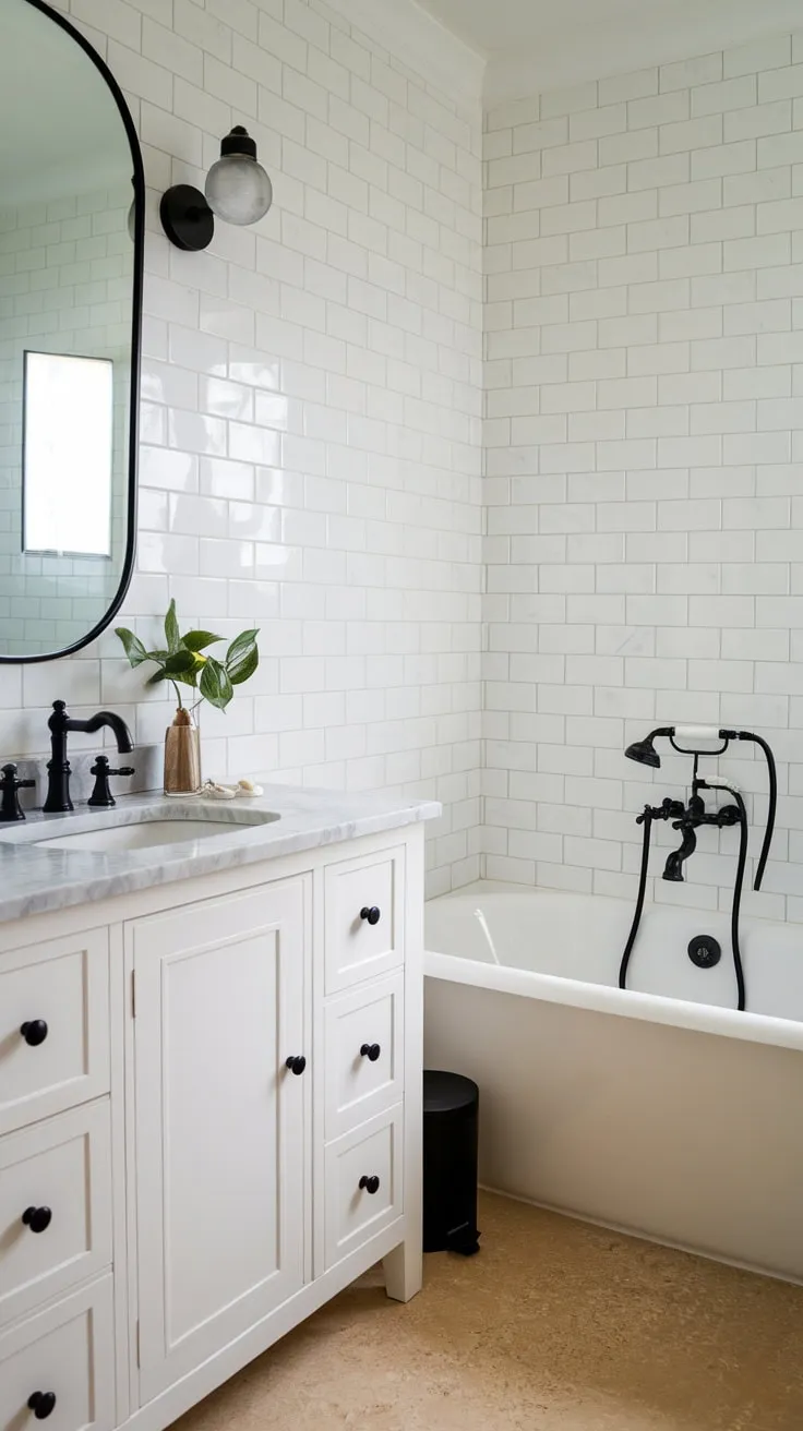 A pristine white and marble bathroom, accented with black hardware, exudes modern farmhouse elegance.