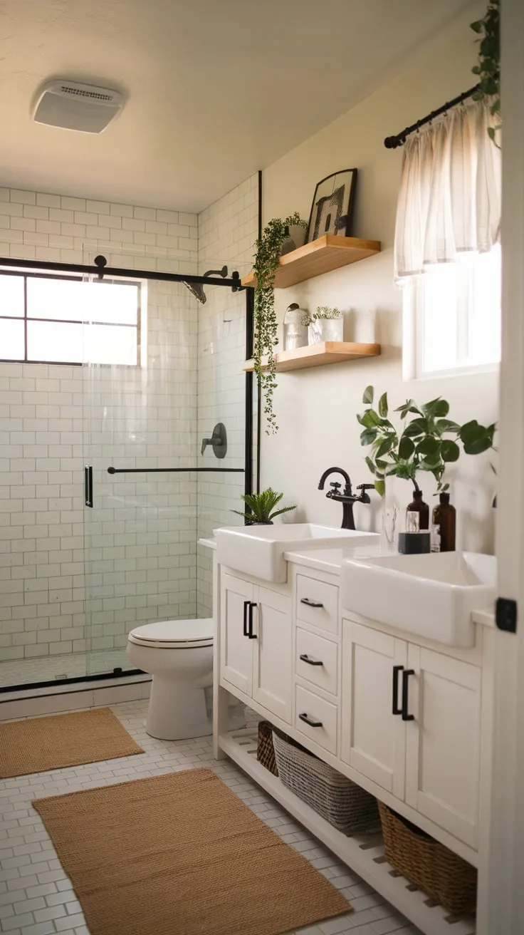 A serene modern farmhouse bathroom boasts a double vanity, glass shower, and natural accents for a stylish and functional space